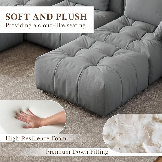 Cloud Sectional Couches, Comfort Linen Oversize Modular Sofas with Wide Deep Seat, Down Filled Modern Upholstered Sofa Couch for Living Room, Apartment,Grey