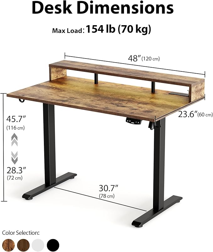 Electric Height Adjustable Standing Desk with Power Outlet and LED Light Strip, Sit to Stand, Ergonomic 48x24" Rising Desk with Memory Presets, Home Office Workstation, Computer Gaming Table, Brown