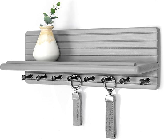 Rebee Vision Stylish Key Holder Wall Mount for Room Decor – Farmhouse Key Hanger with 8 Durable Hooks & Floating Shelf – Modern Hanger Organizer for Entryway, Living Room, or Office Decor (Gray)