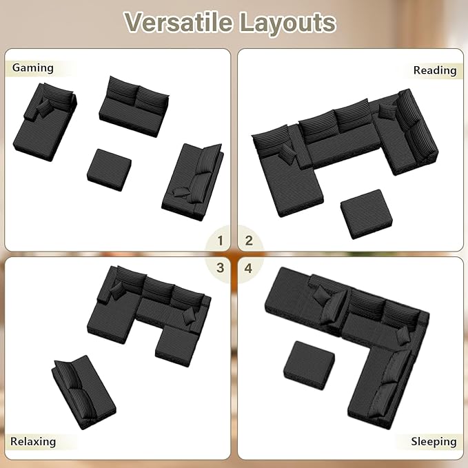 166.9" U-Shape Cloud Couch, Modern Modular Sectional Comfy L-Shape Sofa with Ottoman, Deep Seat, Upholstered Corduroy Sleeper Chaise Longue for Living Room Bedroom, No Assembly Required, Black