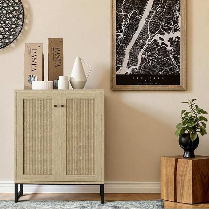 Panana Rattan Decorated 2 Doors Storage Cabinet Accent Cabinet Living Room Cupboard Kitchen Sideboard Buffet Table (Natural)