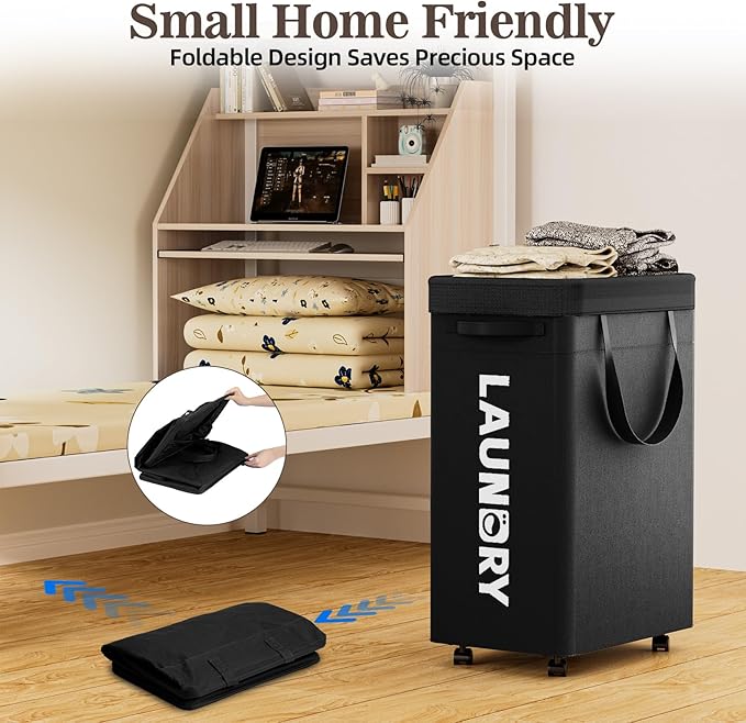 YECAYE 75L Rolling Laundry Hamper, Easy-to-Assemble Clothes Hamper with Wheels, Rolling Dirty Clothes Basket, Slim Basket for Bedroom, Bathroom, or Laundry Room, Black