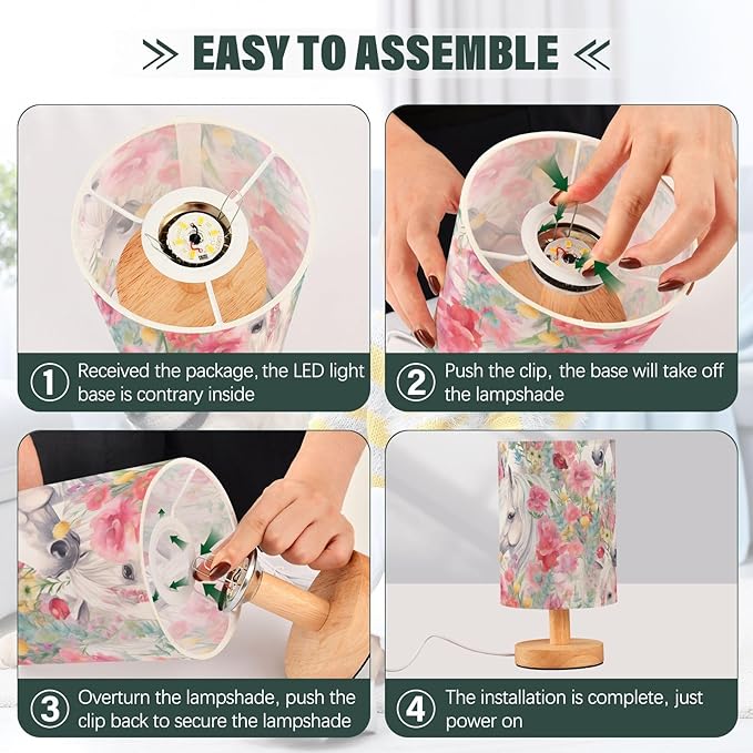 Bedside Lamp White Horse Pink Flower Table Lamp with USB Port Wood Base for Living, 5.12x9.7in/13x24.7cm, 214B3018