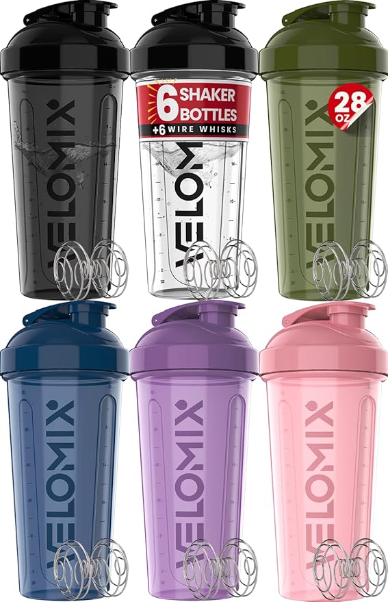 VELOMIX -6 PACK- 28 OZ Protein Shaker Bottles for Protein Mixes, Shaker Cups for Protein Shakes, Large Shaker Bottle Pack, Shaker Cup, Shakers for protein Shakes (Core Series)