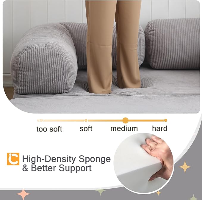 COMAX Folding Sofa Bed Queen, 4-in-1 Foldable Floor Couch Convertible Futon Sofa with Armrests Sleeper Mattress Chair Bed Comfy Portable Fold Out Lounge Guest for Living Room Bedroom, Light Grey