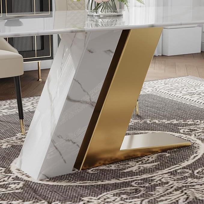 POVISON 63" Modern Dining Table for 4, Gold Dining Table Sintered Stone Dining Tabletop with Z-Shaped Stainless Steel Pedestal, Rectangle Dining Room Table (Table Only)