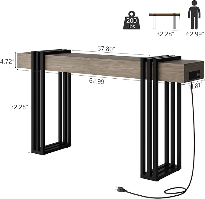 63" Long Console Table for Entryway - Behind Couch Table for Living Room, Wood Sofa Tables with Black Parallel Metal Frame & Power Outlet for Hallway, Entrance, Narrow Foyer, Light Walnut