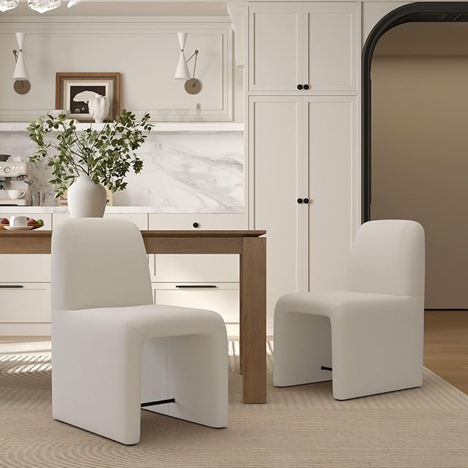 White Upholstered Chenille Dining Chairs Set of 6, Mid Century Modern Dining Room Chairs with Deep Seat & Curved Back, Armless Side Chair Comfy Kitchen Chairs for Living Room/Kitchen