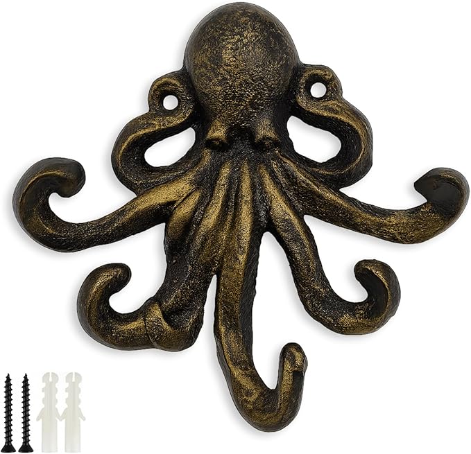 Octopus Cast Iron Wall Hook – Nautical Decorative Key Holder, Coastal Ocean Theme Animal Hook for Entryway, Bathroom, or Bedroom, Heavy Duty Antique Bronze