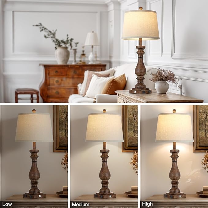 29" Tall Vintage Table Lamps Set of 2,Farmhouse Bedside Lamps with USB C+A Ports & AC Outlet,3-Way Dimmable Touch Lamp for Night Stands Living Room Bedroom,Brown