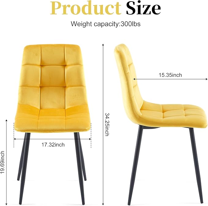 Velvet Dining Chairs Set of 4 - Yellow Dining Room Chairs with Metal Legs Ideal for Kitchen, Dining Room - Kitchen Chairs Set for 4