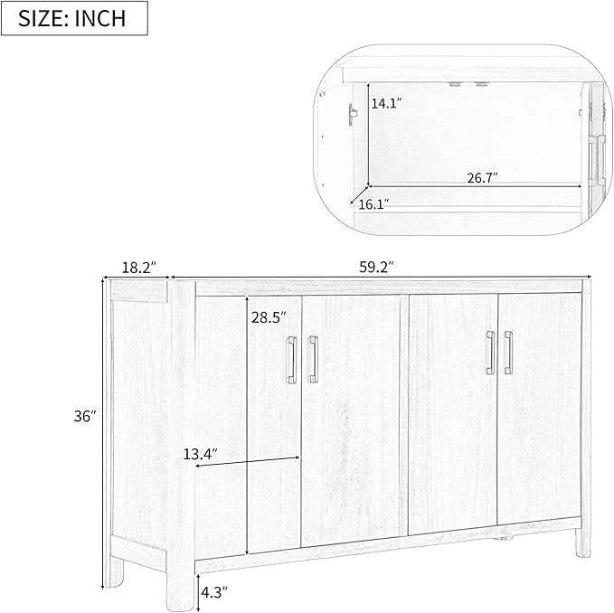 Farmhouse Wood 4-Door Cabinet Sideboard with Smooth Rounded Corners, Rustic Accent Entryway Console Table for Hallway Living Room Dining Room