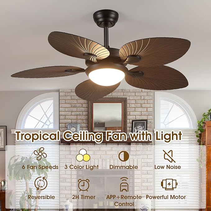 Tropical Ceiling Fans with Lights and Remote/APP Control, 44 Inch Palm Leaf Ceiling Fan with LED Lights, Outdoor Ceiling Fans for Patios Porch, Reversible Quiet Motor, Dimmable, Dark Brown