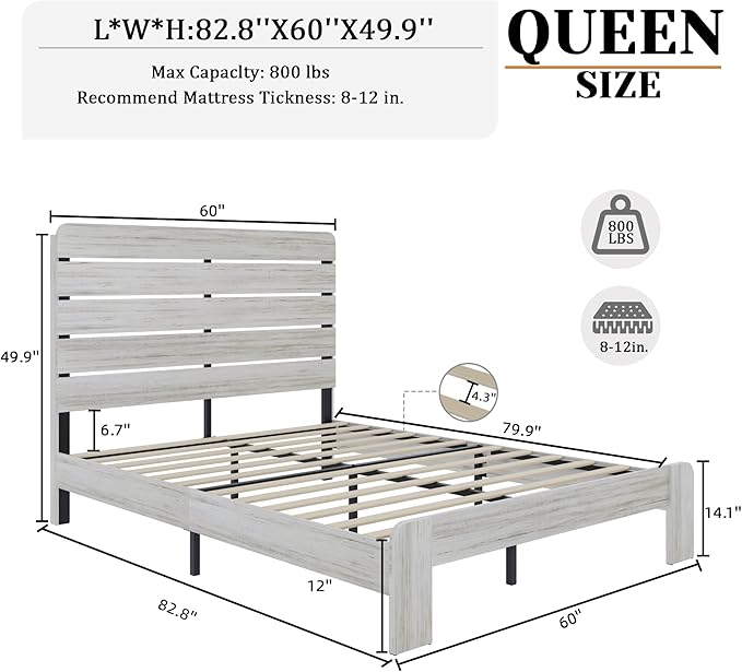 Queen Size Wooden Bed Frame with Headboard, Boho Platform Bedframe with Wood Slat Support, Sturdy and No Noise, Easy Assembly (Boho White, Queen)
