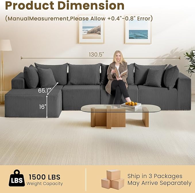 Oversize 131” Boneless Couch for Living Room, Comfort L Shaped Cloud Couch Sectional, Extra Deep Seats Corduroy Modular Sectional Sofa No Assembly,Grey