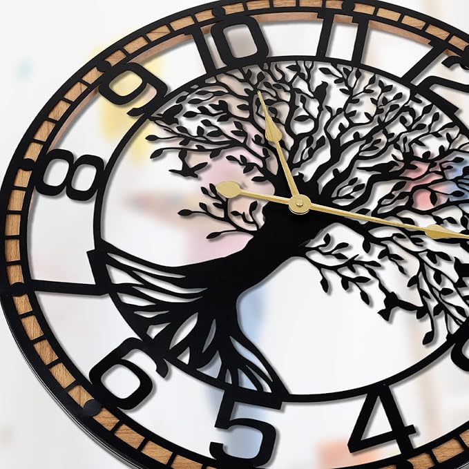 Tree of Life Wall Clock, 24Inch Metal Black Family Tree Oversized Wood Wall Clocks for Living Room Bedroom Home Decor, Modern Silent Mid-Century Battery Operated