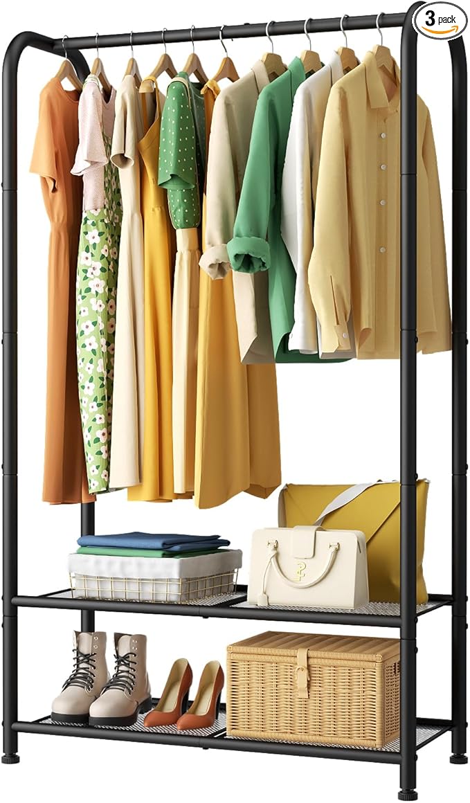 SINGAYE Coat Clothes Storage Organizer Garmen Rack Portable Closet Clothing Racks for Hanging Clothes Heavy Duty Freestanding Wardrobe Laundry with Shelves Black 11.5" D x 32" W x 72" H