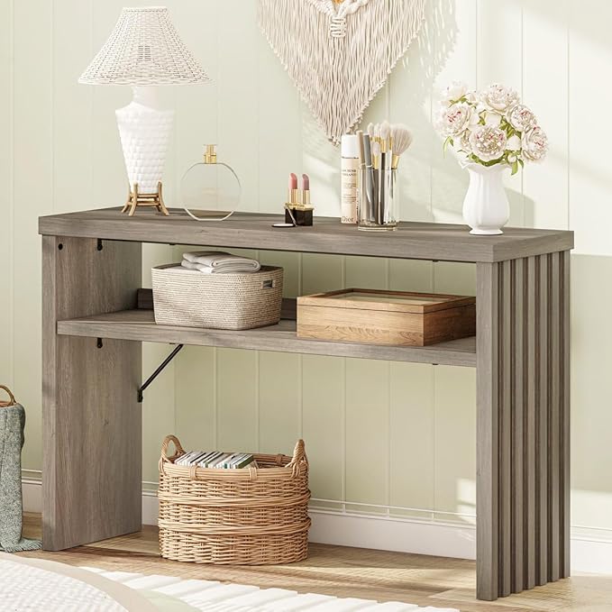 BON AUGURE Sofa Console Table, Wood Entryway Table, Grey Behind Couch Tables with Open Storage, Modern Narrow Hallway Tables (Greige Oak, 47 Inches)