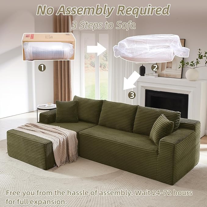 104 Inch Cloud Sectional Couch with L-Shape Chaise,Modern Upholstered Couches with Deep Seat,Corduroy Sponge Compressed Sofa for Living Room,No Assembly Required (Green)