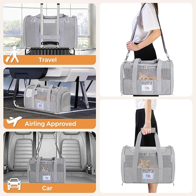 Pet Carrier 17Lx12Wx11H inches, Airline Approved,Pet Travel Carrier Bag for Small Cats and Dogs, Soft Dog Carrier for 1-25 LBS Pets,Dog Cat Carrier with Safety Lock Zipper (Grey)