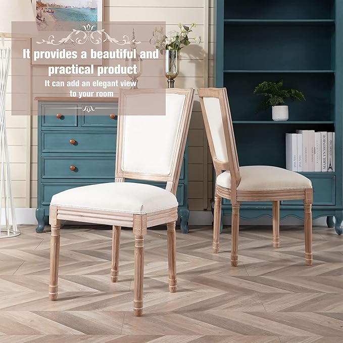 Nrizc Farmhouse Dining Room Chairs Set of 4, French Dining Chairs with Square Back, Brown Wood Legs, French Bistro Chairs for Dining Room/Living Room/Kitchen/Restaurant, Beige