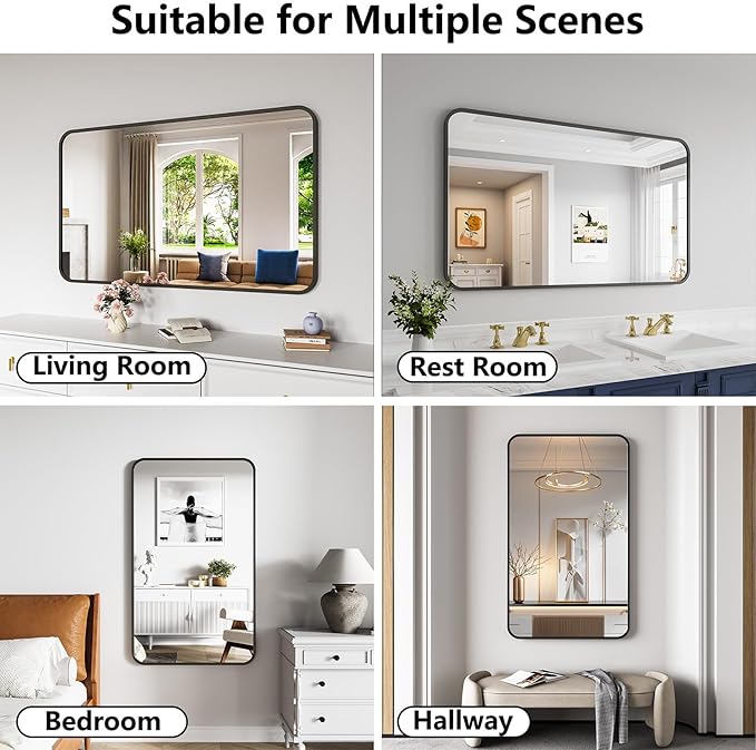 Koonmi Bathroom Mirror, 30X50 Brushed Black Rectangle Wall Mirror, HD Tempered Glass, Anti-Rust Frame Vanity Mirror, Rounded Rectangle Mirror for Restroom, Bedroom, Hangs Horizontal or Vertical