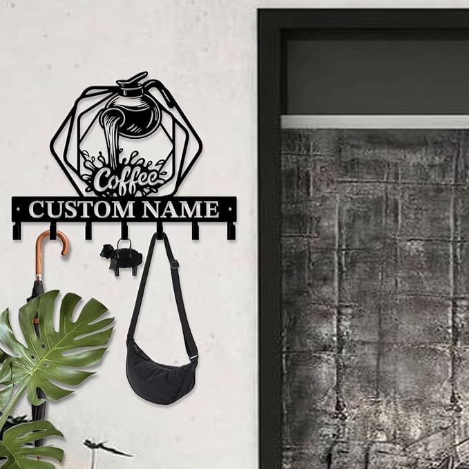 Coffee Bar Keys Holder - Metal Iron Wall Hooks with Custom Name | Personalized Home Decor & Gift Idea | Coffee-Themed Text Engraving Design (Style F)