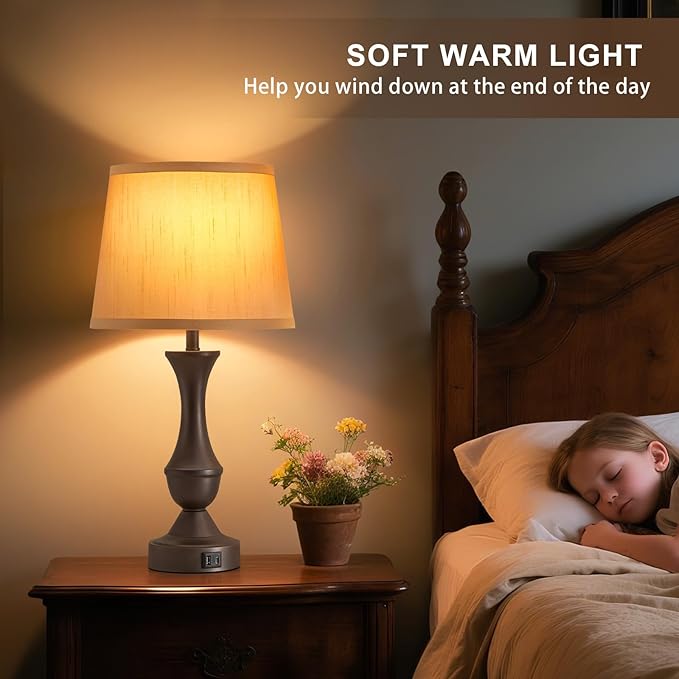 Luvkczc 22" Table Lamp Set of 2 - Farmhouse Vintage Brown Bedside Lamp with Brown Fabric Shade, Dimmable, USB C+A Ports, Nightstand Lamp for Living Room Bedroom (Bulb Included)