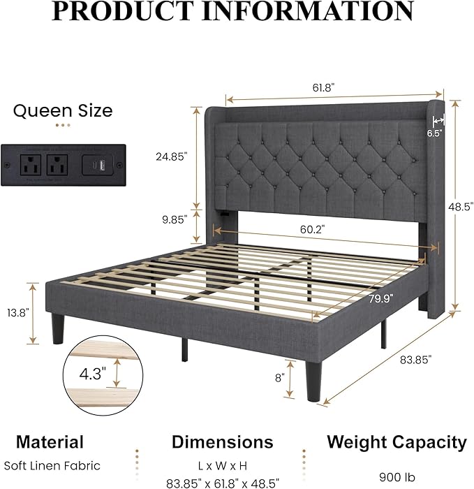 SHA CERLIN Queen Platform Bed Frame with Charging Station, Velvet Wingback Headboard with Storage Shelf, Wooden Slats Support, Ample Under-Bed Space, No Box Spring Needed, Easy Assembly, Dark Grey