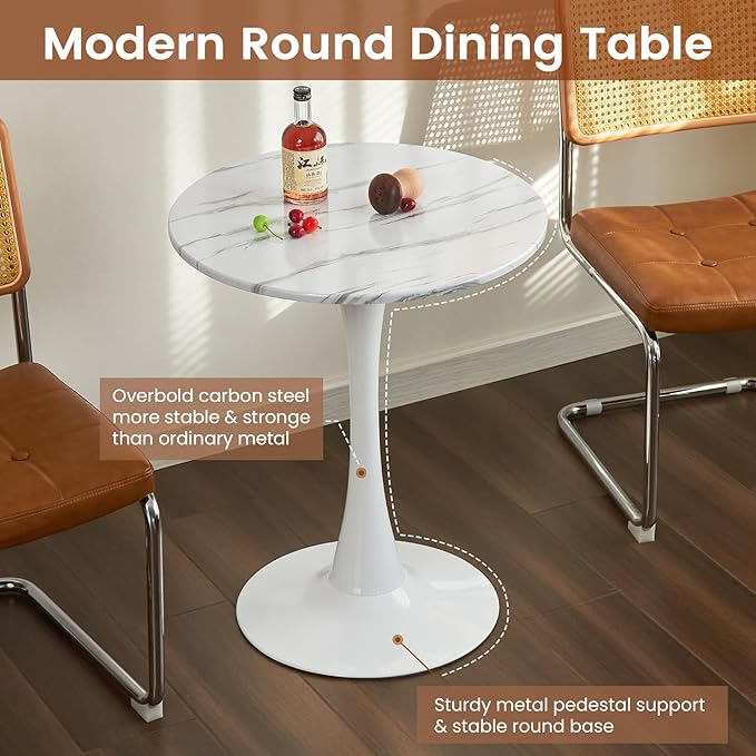 Round Dining Tulip Table for 2, Mid-Century Modern Table with Sturdy Metal Pedestal for Kitchen, Bistro, Cafe, Leisure (Faux Marble White, 24 INCH)