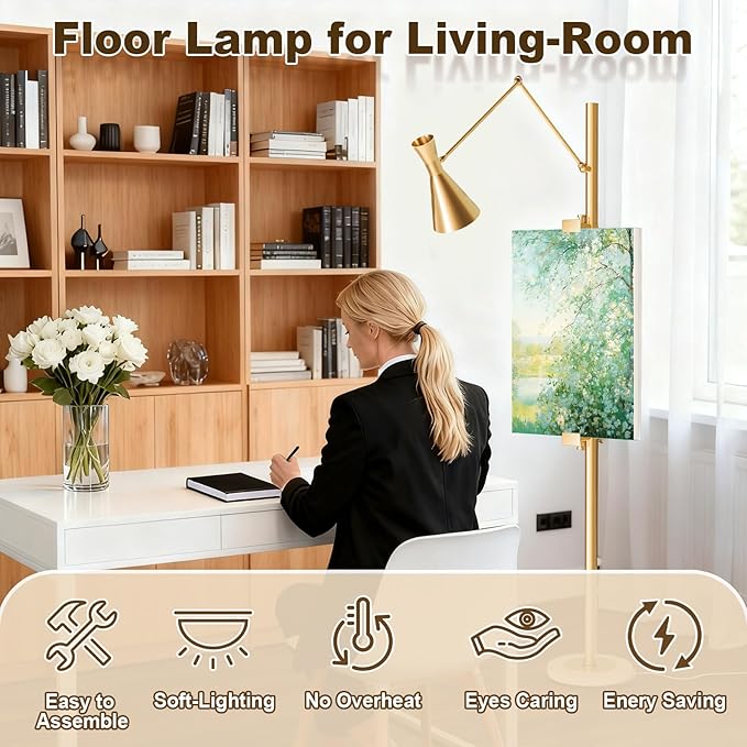 Metal Floor Lamp with Easel, Adjustable 360° Swing-Arm Standing Lamps, 67in Tall Lamp with Marble Base for Living Room, Painting Rooms, Bedroom, Offices, Courtyards, Gold