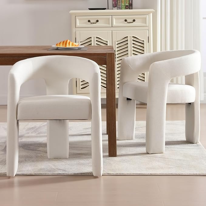 Modern Chenille Dining Chairs Set of 2, Upholstered Barrel Chairs with Arms Comfy Accent Side Chairs for Living Room/Dining Room/Reception, Beige