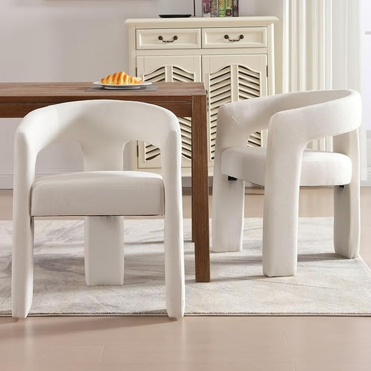 Modern Chenille Dining Chairs Set of 2, Upholstered Barrel Chairs with Arms Comfy Accent Side Chairs for Living Room/Dining Room/Reception, Beige