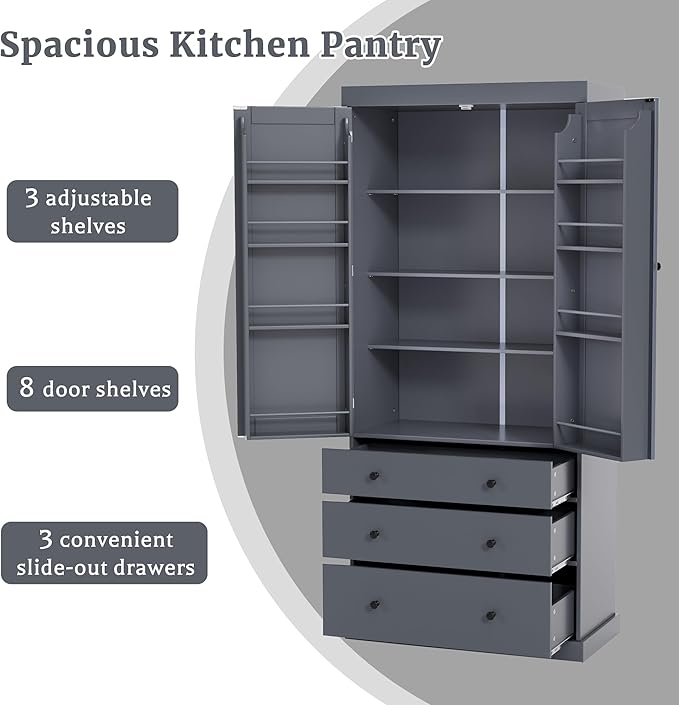 Merax 77" Tall Kitchen Storage Cabinet Pantry Wood Freestanding Large Cupboard with 3 Drawers,3 Adjustable Shelves,8 Door-Shelf for Dining Room,Grey