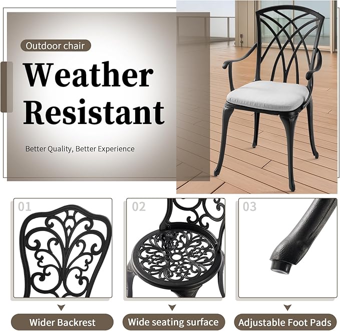 Patio Bistro Sets Cast Aluminum Bistro Table and Chairs Set of 2 with Umbrella Hole,Outdoor Bistro Set with Cushion for Yard (BLACK1)