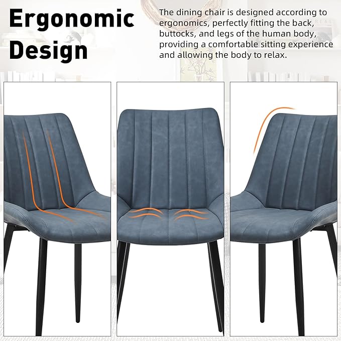 Dining Chairs Set of 2, Faux Leather Modern Linear Design Dining Chair with Metal Legs, 16.9" Seat Width Chair for Kitchen, Lounge, Reception Room, Restaurant, Commercial (Haze Blue)