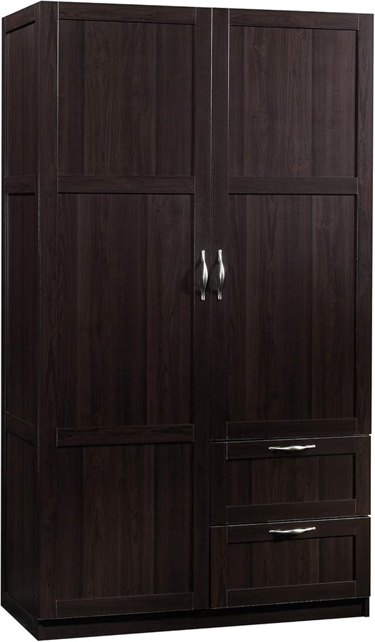 Sauder Select Multipurpose Bedroom Armoire Wardrobe Closet Pantry Storage Cabinet with Storage Drawers and Hanging Rail, in Cinnamon Cherry