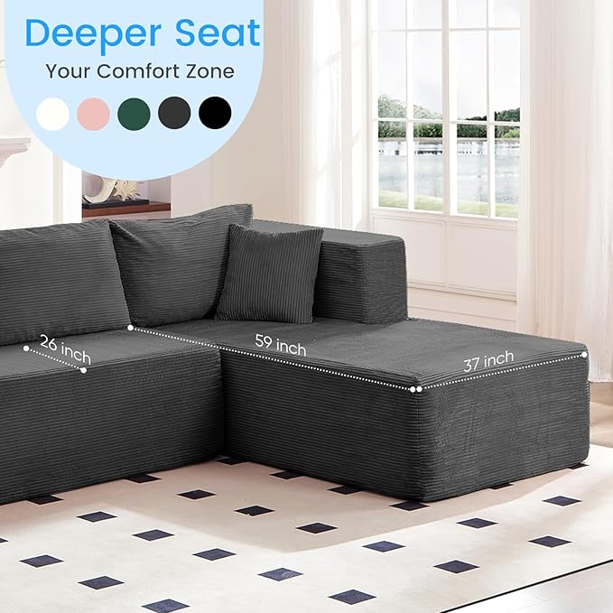 PUREMIND 106" Cloud Sectional Couch for Living Room, Corduroy L Shape Sofa with Deep Seat, Modular Boneless Foam Couch Corner Couches No Assembly Required