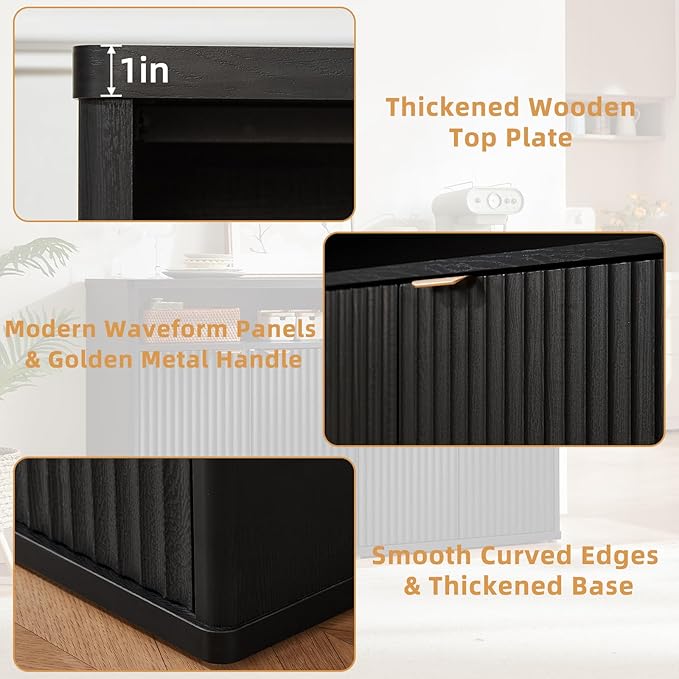 LEYAOYAO Fluted Buffet Cabinet with Storage, 55" Wide Wood Sideboard Credenza with 4 Doors & Open Storage Shelf, Modern Kitchen Console Accent Cabinets, Coffee Bar Table for Dining Room, Black Oak