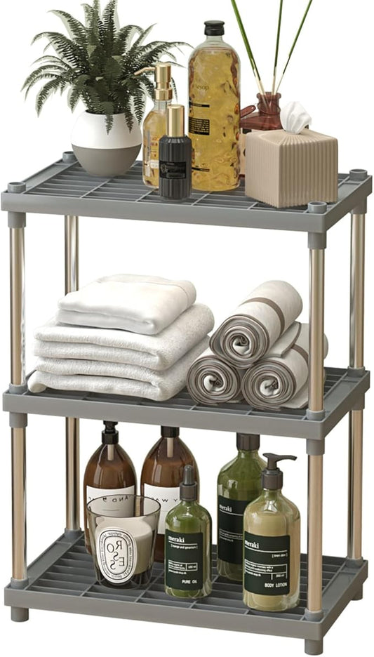 Grey 3 Tier Storage Rack with Shelf,Kitchen Spice Rack,Under Sink Countertop Makeup Organizer Standing Rack for Bathroom Counter，13MM Steel Tubes