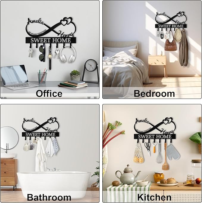 Personalized Metal Key Holder Wall Mount, Custom Last Name Key Holder for Wall, Home Decor, Decorative Key Rack Coat Hooks for Entryway Office Kitchen Doorway, Housewarming Gifts