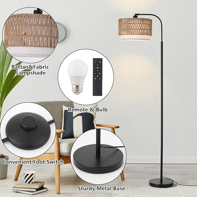 Arc Floor Lamp for Living Room，Boho Standing Lamp with Rattan & Fabric Shades,Farmhouse Floor Lamps with Foot Switch，Adjustable Tall Lamp for Bedroom, Office,LED Bulb Included