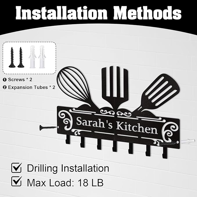 Personalized Metal Key Holder Wall Mount, Custom Kitchen Theme Key Hanger Organizer, Kitchen Hooks for Utensils, Home Decor for Dining Room Restaurant Entryway Office, Housewarming Gifts Color08