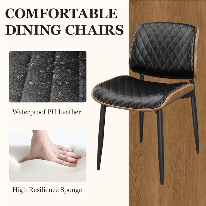Dining Chairs Set of 6, Mid-Century Modern Upholstered PU Leather Chairs with Walnut Back and Metal Legs Adjustable Feet for Kitchen Dining Room, Black Diamond Plaid