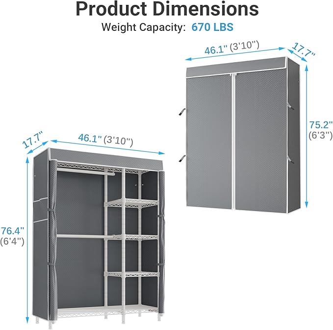 VIPEK V7C Garment Racks with Cover Portable Closets for Hanging Clothes, Heavy Duty Clothes Rack with Shelves Metal Closet Wardrobe, Max 670lbs, White Rack with Grey Upgraded Polyester Cover