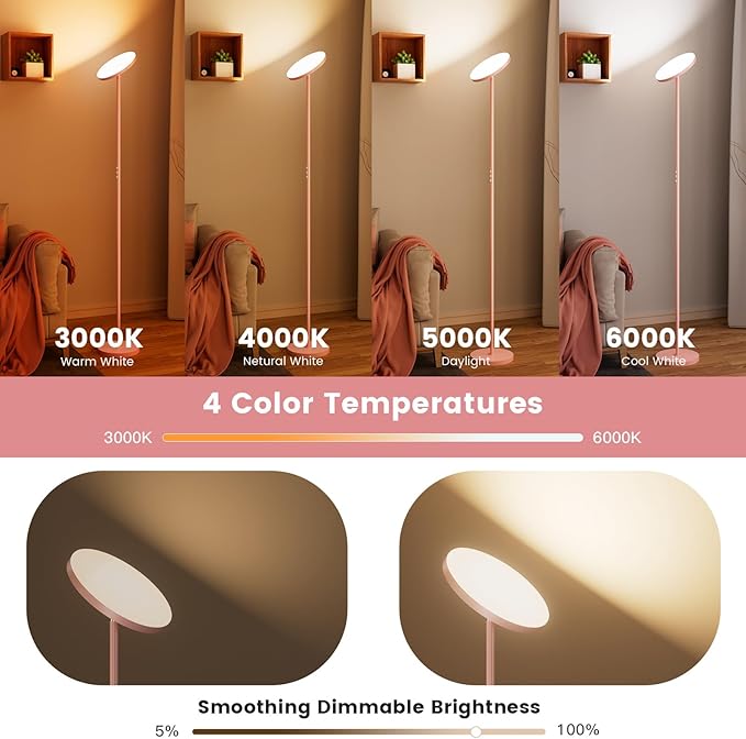 Pink Dimmable Floor Lamp, Bright 36W 3500LM Standing Lamp with Remote Touch Control, 2700K Soft White to 6500K Cool White Adjustable, LED Torchiere Tall Light for Living Room,Bedroom,Office,Sofa