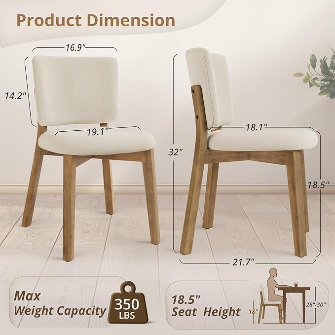 LUE BONA Wooden Dining Chairs Set of 6, Comfortable Wide Back Kitchen Side Chairs, Strong Thick Legs for Modern Farmhouse Dining Room, Linen Upholstered and Natural Wood Legs