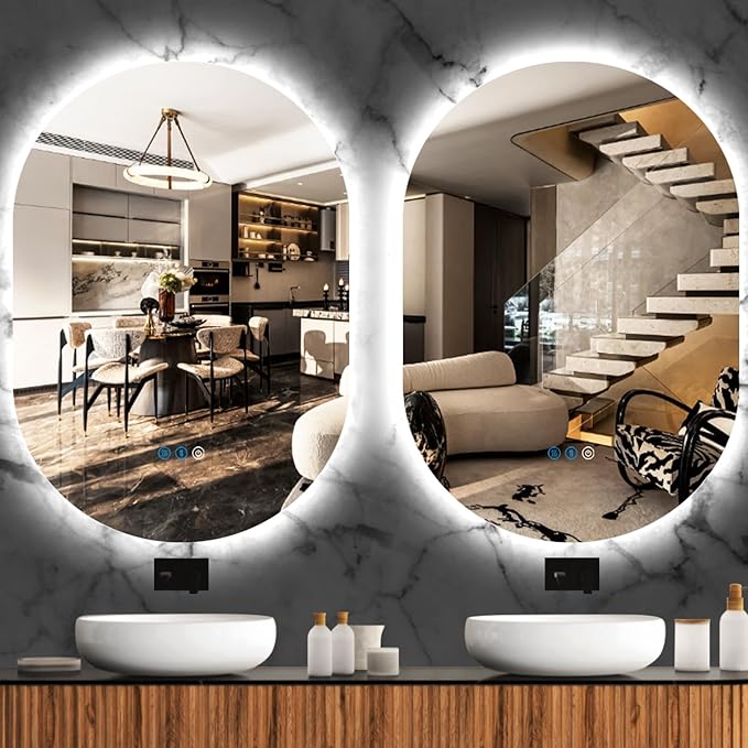 THEKLA 30 x 40 Inch Oval Lighted Vanity Mirror with Lights Backlit Smart Memory 3 Color Dimmable AntiFog 40" Frameless LED Oval Backlit Mirror for Bathroom Salon Makeup Wall Vertical/Horizontal Mount