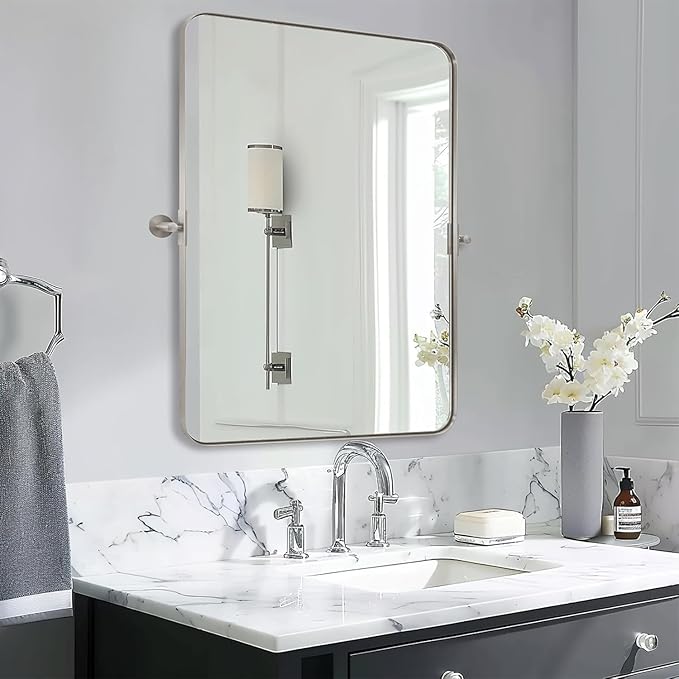 28"x36" Brushed Nickel Pivot Bathroom Mirror, Silver Metal Framed Rounded Rectangular Wall Mirrors, Tilting Beveled Vanity Mirror, Wall-Mounted Mirrors Hangs Vertically Only(Overall 31.75" x 36")