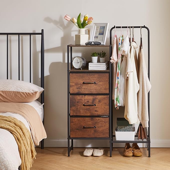 44 '' Tall Garment Rack with 3 Fabric Drawers, 4-Tier Clothing Rack, Coat Hanger with Shoe Shelf & Shelves for Small Spaces, Rustic Brown YD-TM081H